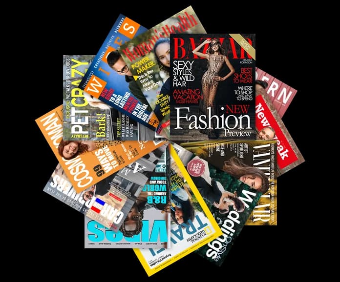 Stack of colorful magazines on a shelf